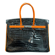 HERMES BIRKIN35 POROSUS CROCODILE NOIRORANGE PHW